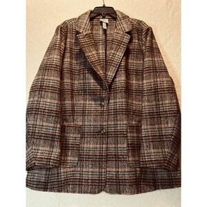 St. John's Bay Women's 3XL Wool Blend Blazer Plaid Coat Brown Tan Dark Academia
